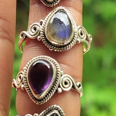 Pack of 4 Genuine Pear Shaped Semi-Precious Gemstones Handmade 925 Sterling Silver Rings