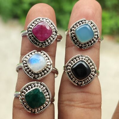 Set of 5 Natural Cushion Cut Semi-Precious Gemstones Handmade 925 Sterling Silver Rings