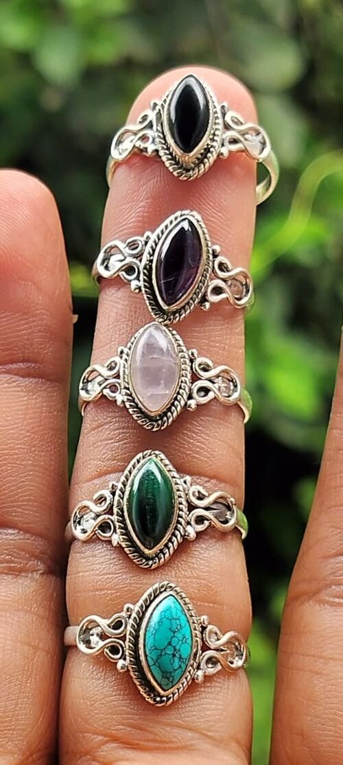 Pack of 5 Natural Marquise Shaped Semi-Precious Gemstones Handmade 925 Sterling Silver Rings
