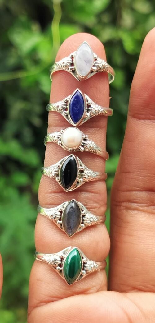 Pack of 6  Natural Semi-Precious Gemstones 925 Sterling Silver Handmade Ring