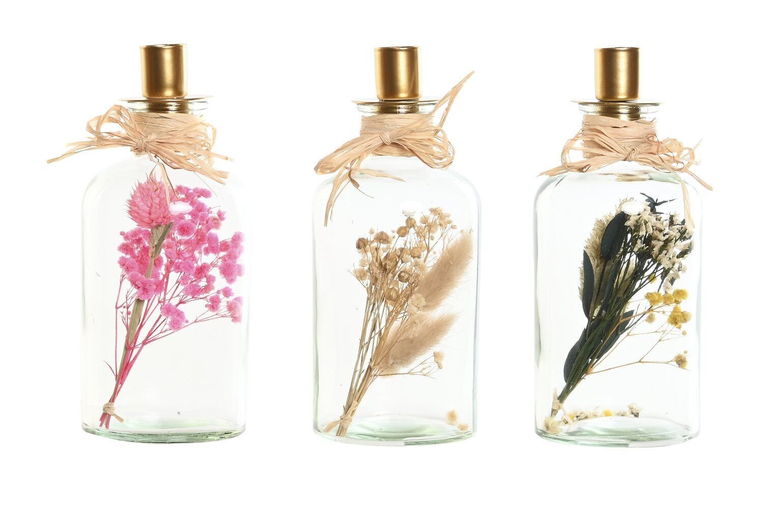 PORTACANDELE IN VETRO FIORI SECCHI 8X8X19 3 ASSORT. DH206253