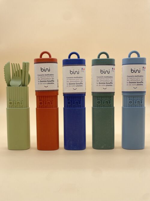 Pack Panachage Bini N°2 - 25 kits de couverts réutilisables (bleu/vert/terracotta/vert clair/bleu foncé)