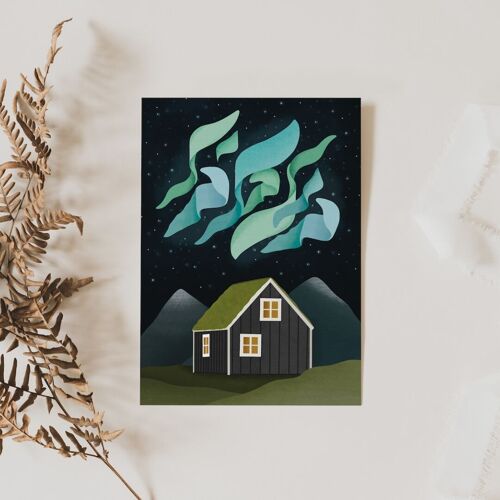 Postkarte Nordlichter Island - Haus Aurora Borealis