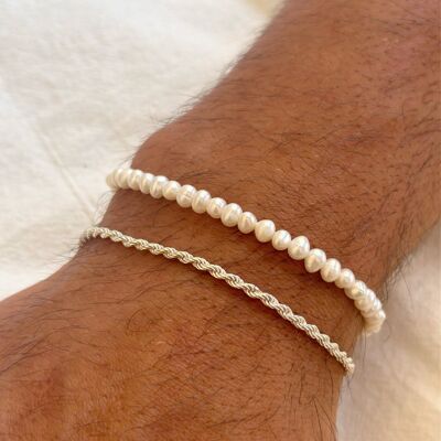 Men's Bracelet Silver Rope Chain, SIlver Bracelet, Freshwater Pearls Bracelet, Pearls Beads, Gift for Men, Made from Sterling Silver 925.
