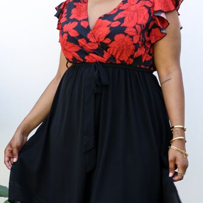 Plus-Size-Kleid mit Blumendruck, V-Ausschnitt und Rüschen, ärmellos, Rot