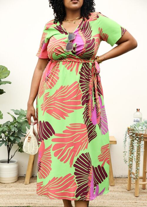 Plus Size Tropical Floral Tie Waist Flowy Maxi Dress-Green