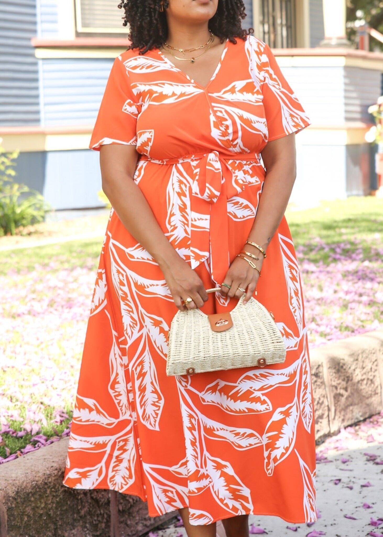 Achat Robe Maxi Fluide Florale Tropicale de Grande Taille a Nouer a la Taille Orange en gros