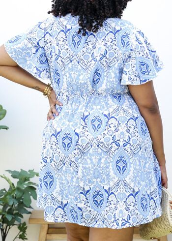 Robe Trapèze Paisley Boho Imprimée de Grande Taille à Manches Volantes-Bleu 5