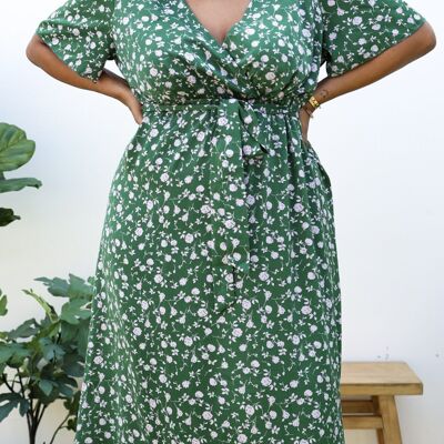 Plus Size Green Maxi Dress with White Floral Print-Green