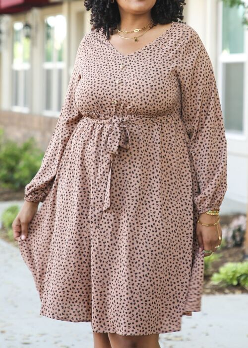 Plus Size Leopard Print Midi Dress with Faux Button Front-Brown