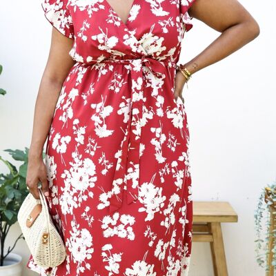 Plus Size Tropical Floral Print Maxi Wrap Dress with Ruffle Sleeves-Red