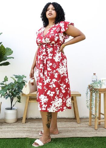 Maxi Robe Portefeuille Imprimée à Fleurs Tropicales de Grande Taille avec Manches à Volants-Rouge 4