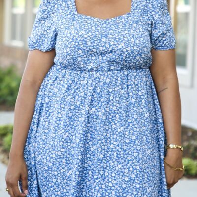 Plus Size White Floral Print Swing Dress with Square Neckline-Blue
