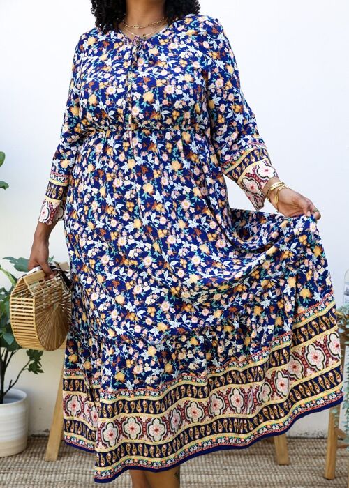 Plus Size Boho Floral Empire Waist Paisley Print Maxi Dress-Navy