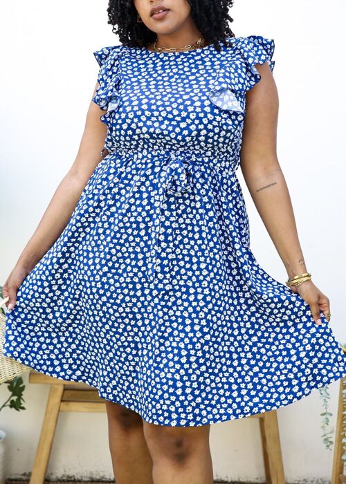 Plus Size White Daisy Print Midi Dress with Ruffle Sleeves-Blue