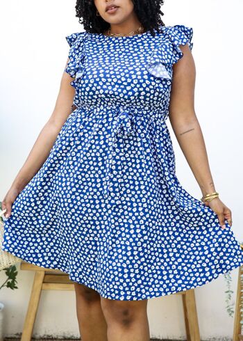 Robe mi-longue blanche à imprimé marguerites de grande taille avec manches à volants-Bleu 1