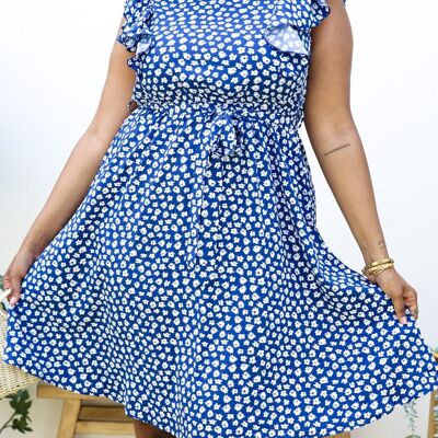 Plus Size White Daisy Print Midi Dress with Ruffle Sleeves-Blue