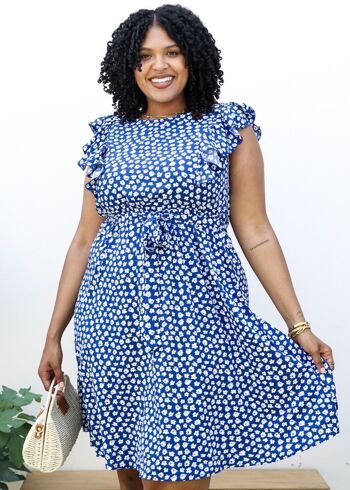 Robe mi-longue blanche à imprimé marguerites de grande taille avec manches à volants-Bleu 5