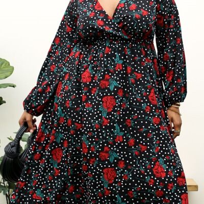 Plus Size Bell Sleeves Rose Floral Print Wrap Maxi Dress-Black
