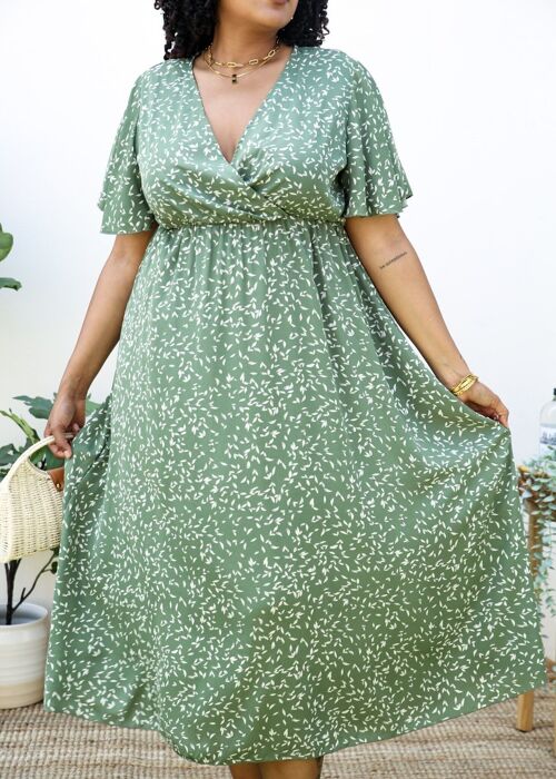 Plus Size V-Neck White Floral Print Wrap Maxi Dress-Green