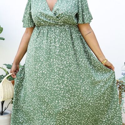 Plus Size V-Neck White Floral Print Wrap Maxi Dress-Green