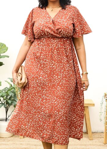 Robe maxi cache-cœur blanche à imprimé floral de grande taille à col en V-Orange 1