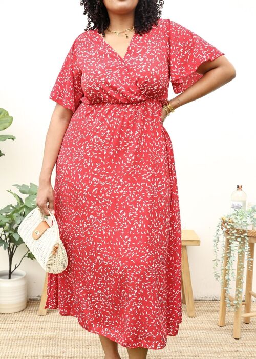 Plus Size V-Neck White Floral Print Wrap Maxi Dress-Red