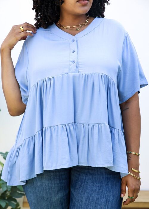 Plus Size Button Up Ruffle Tiered Solid Color Blouse-Blue