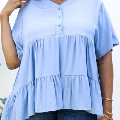 Plus Size Button Up Ruffle Tiered Solid Color Blouse-Blue