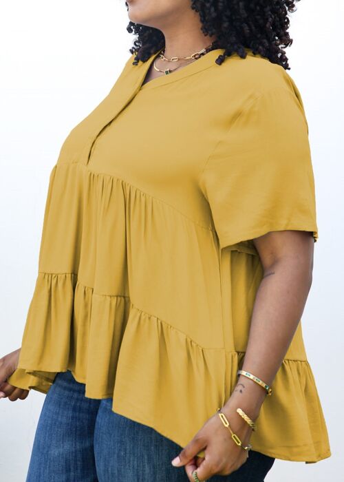 Plus Size Button Up Ruffle Tiered Solid Color Blouse-Yellow