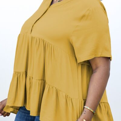 Plus Size Button Up Ruffle Tiered Solid Color Blouse-Yellow
