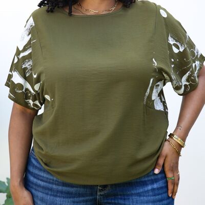 Plus Size Abstract Contrast Sleeves Solid Blouse-Green