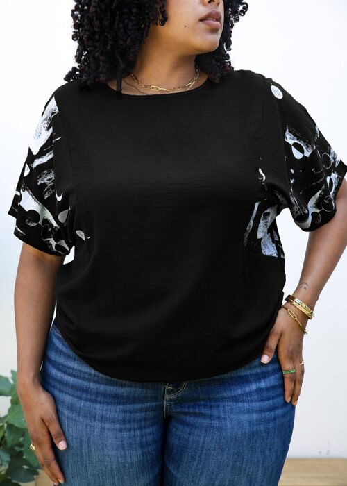 Plus Size Abstract Contrast Sleeves Solid Blouse-Black
