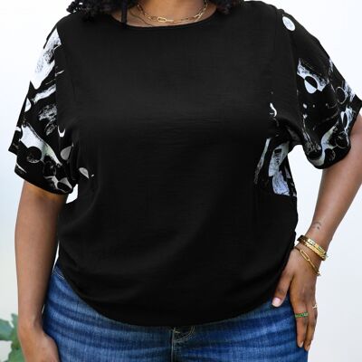 Plus-Size-Bluse mit abstrakten Kontrastärmeln, einfarbig, Schwarz