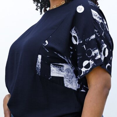 Plus-Size-Bluse mit abstrakten Kontrastärmeln, einfarbig, Marineblau