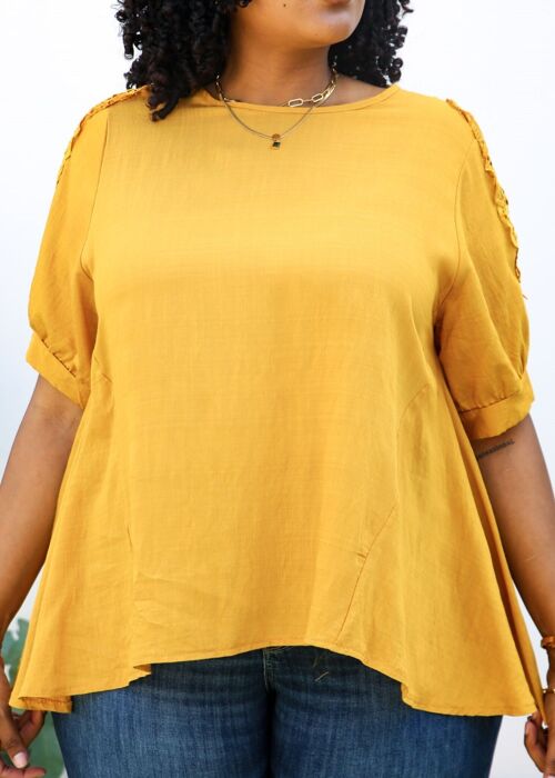 Plus Size Abstract Crochet Pattern Short Sleeve Blouse-Yellow