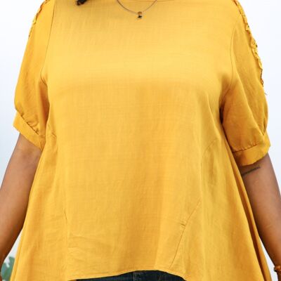 Blusa de manga corta con patrón de crochet abstracto de talla grande-Amarillo