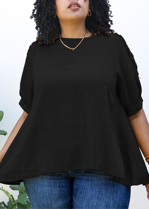 Plus Size Abstract Crochet Pattern Short Sleeve Blouse-Black