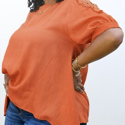 Blusa de manga corta con patrón de crochet abstracto de talla grande-naranja