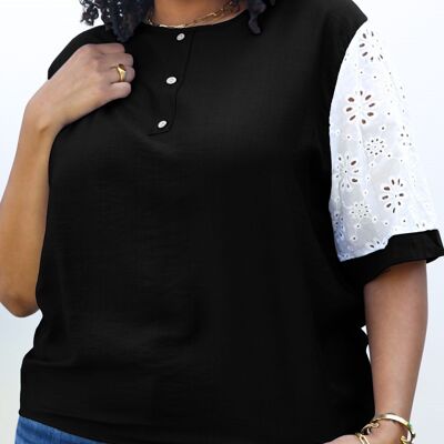 Plus Size Boho White Floral Crochet Pattern Sleeve Blouse-Black