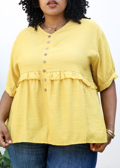 Plus Size Button-Up Front Ruffle Solid Color Blouse-Yellow