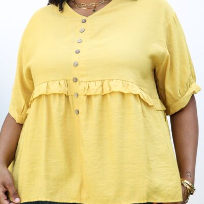 Plus Size Button-Up Front Ruffle Solid Color Blouse-Yellow
