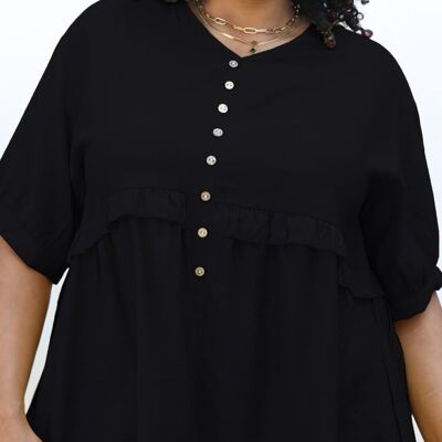 Plus Size-Bluse mit geknöpfter Vorderseite und Rüschen, einfarbig, Schwarz