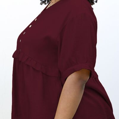 Plus Size Button-Up Front Ruffle Solid Color Blouse-Burgundy