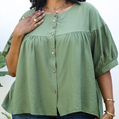 Plus Size Round Neck Ruffle 3/4 Sleeve Button Up Blouse-Green
