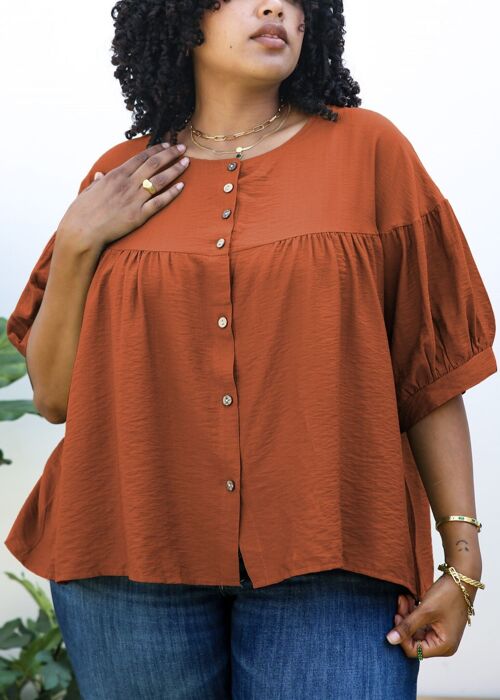 Plus Size Round Neck Ruffle 3/4 Sleeve Button Up Blouse-Brown