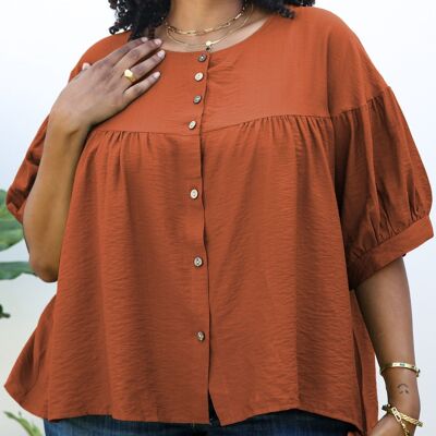 Plus Size Round Neck Ruffle 3/4 Sleeve Button Up Blouse-Brown