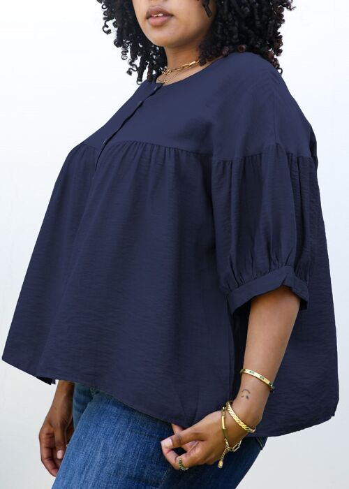 Plus Size Round Neck Ruffle 3/4 Sleeve Button Up Blouse-Navy