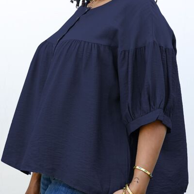 Plus-Size-Bluse mit Rundhalsausschnitt, Rüschen, 3/4-Ärmeln und Knöpfen – Marineblau
