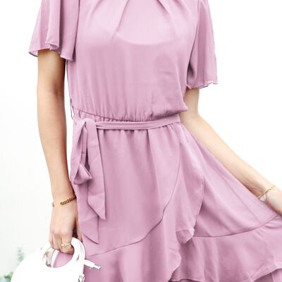 Kleid mit plissiertem Ausschnitt und überlappendem Saum – Rosa